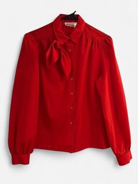 Vintage 1980s “Judy Bond Petites” Bold Red Tie-Neck Blouse